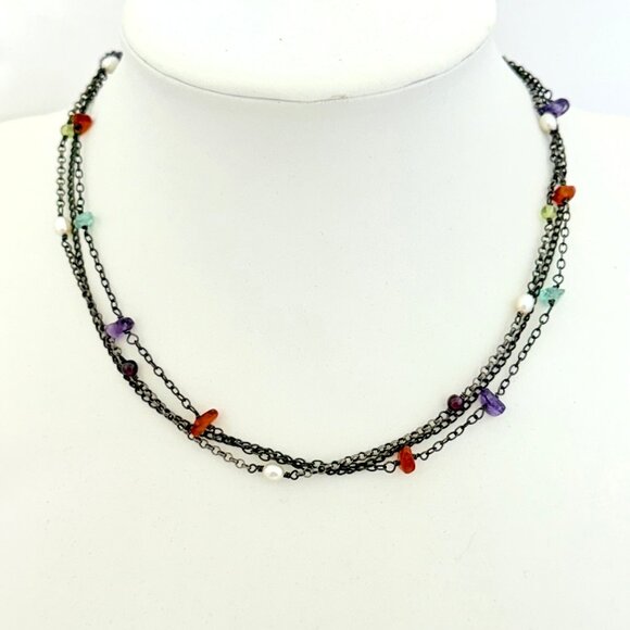 Vintage Silpada Three Strand Oxidized Sterling Necklace w/Pearls and Gemstones - Picture 1 of 5